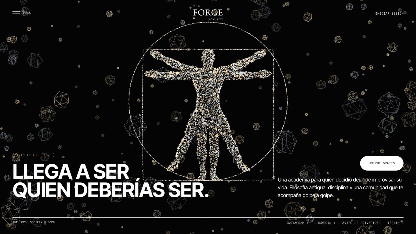 Portada de The Forge Society: el Hombre de Vitruvio en partículas y el titular «Llega a ser quien deberías ser»